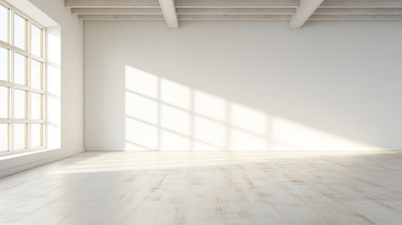 Bright and airy white empty room with light and shadow. Perfect for a variety of uses, such as product photography, interior design, or abstract artの素材