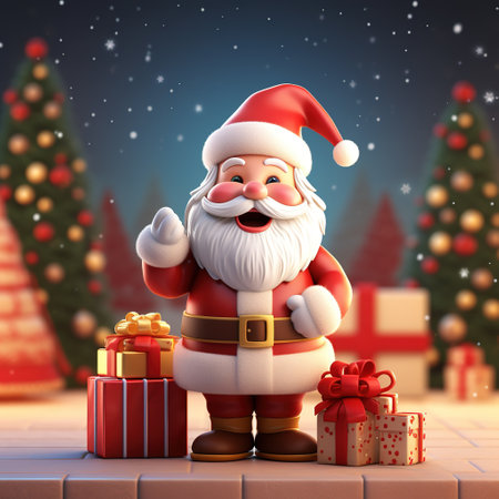 3D illustration of cute Santa Claus celebrating with giftboxes and a Christmas tree in the backgroundの素材