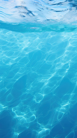 Clear blue water in a pool, with sunlight shining through and creating a beautiful reflectionの素材