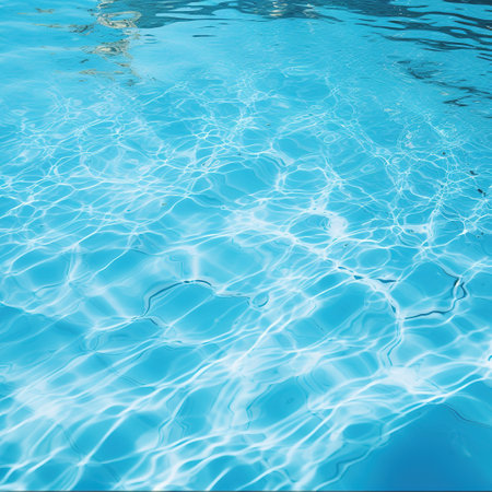 Clear blue water in a pool, with sunlight shining through and creating a beautiful reflectionの素材