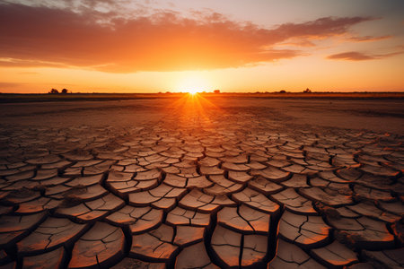 Stunning sunset over a dried out field. The golden sun casts a warm glow over the cracked earth, creating a dramatic and beautiful sceneの素材