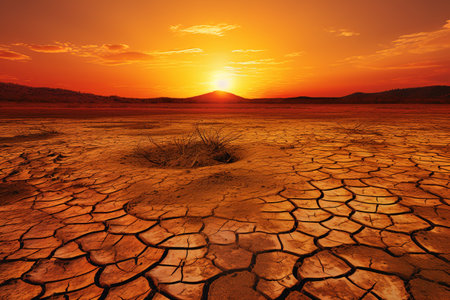 Stunning sunset over a dried out field. The golden sun casts a warm glow over the cracked earth, creating a dramatic and beautiful sceneの素材