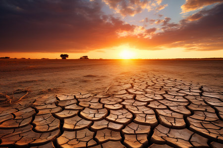 Stunning sunset over a dried out field. The golden sun casts a warm glow over the cracked earth, creating a dramatic and beautiful sceneの素材
