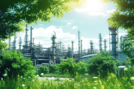 Chemical industrial plant surrounded by green trees and blue sky on a summer dayの素材