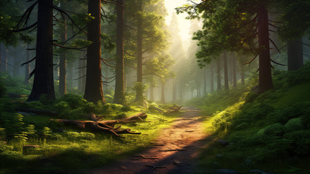 Winding dirt road beckons into a verdant forest, where sunlight dances through a canopy of towering treesの素材