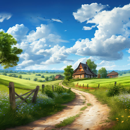 Beautiful illustration of a small house in the middle of lush green fieldの素材
