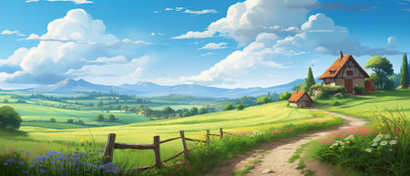 Beautiful illustration of a small house in the middle of lush green fieldの素材