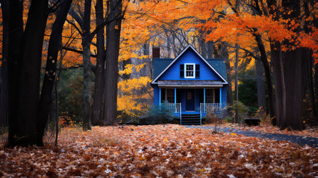 Small house in the middle of a lush fall forest. The house is surrounded by tall trees and ferns, and there is a winding path leading up to the front doorの素材