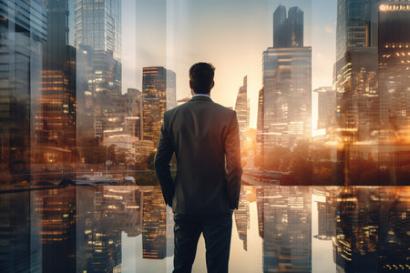 Businessman stands tall against the backdrop of a vibrant sunrise, his silhouette seamlessly blending with the towering skyscrapers of a bustling metropolisの素材