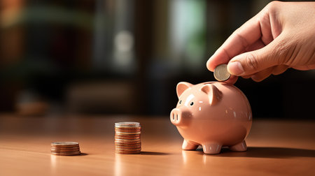 A close-up photo of a hand placing a coin into a shiny copper-colored piggy bank, with a pile of coins scattered on a wooden surface in the backgroundの素材