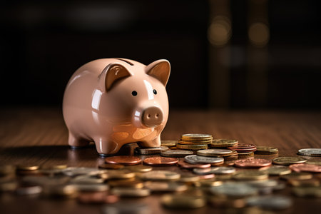 A close-up photo of a hand placing a coin into a shiny copper-colored piggy bank, with a pile of coins scattered on a wooden surface in the backgroundの素材