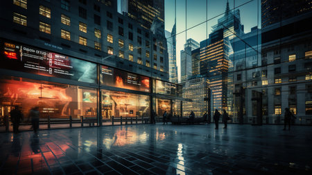 A bustling city street at twilight reflects the glow of stock market quotes displayed on a glass building, creating a vibrant tapestry of lights and urban lifeの素材