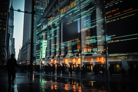 A bustling city street at twilight reflects the glow of stock market quotes displayed on a glass building, creating a vibrant tapestry of lights and urban lifeの素材