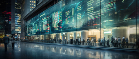 A bustling city street at twilight reflects the glow of stock market quotes displayed on a glass building, creating a vibrant tapestry of lights and urban lifeの素材