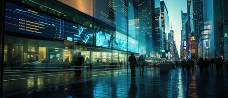 A bustling city street at twilight reflects the glow of stock market quotes displayed on a glass building, creating a vibrant tapestry of lights and urban lifeの素材