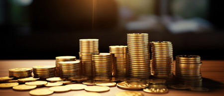 Rows of shiny gold coins are stacked in increasing height on a wooden surface, with warm light suggesting growth and the possibility of financial gainの素材