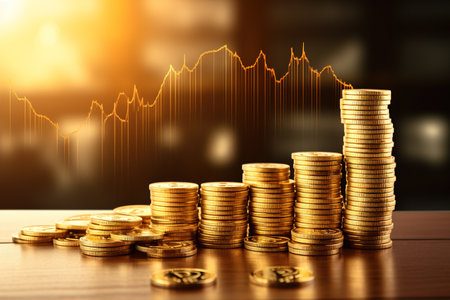 Rows of shiny gold coins are stacked in increasing height on a wooden surface, with warm light suggesting growth and the possibility of financial gainの素材