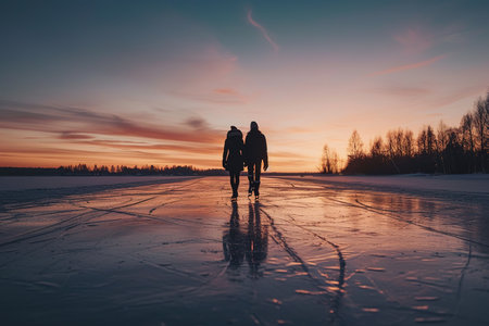 Young couple ice skating hand in hand on a serene, frozen lake surrounded by snow covered trees on a sunny dayの素材