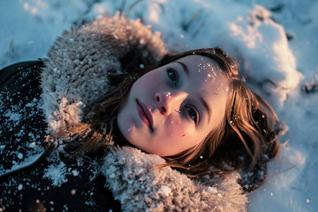 Young girl with closed eyes lies in the snow, her face peaceful. Snowflakes decorate her hair and winter coat. Her cheeks are rosy from the coldの素材