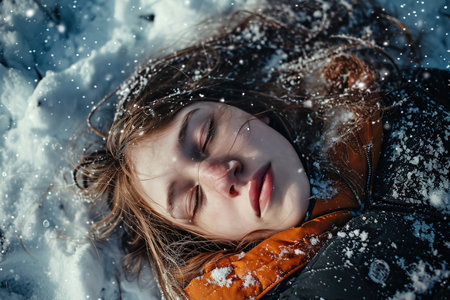 Young girl with closed eyes lies in the snow, her face peaceful. Snowflakes decorate her hair and winter coat. Her cheeks are rosy from the coldの素材