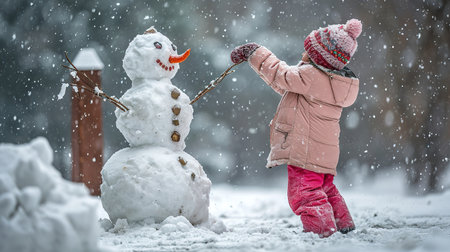 Joyful child in a pink jacket and colorful hat builds snowman on snowy day, adorning it with a carrot nose and twig arms, under a gentle snowfallの素材