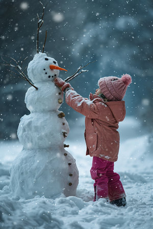 Joyful child in a pink jacket and colorful hat builds snowman on snowy day, adorning it with a carrot nose and twig arms, under a gentle snowfallの素材