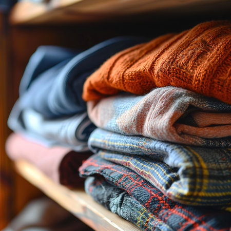 Neatly folded clothing in a variety of colors and patterns are stacked on wooden shelves, showcasing a cozy and organized closet spaceの素材