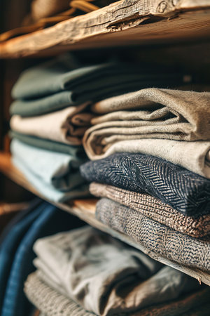 Neatly folded clothing in a variety of colors and patterns are stacked on wooden shelves, showcasing a cozy and organized closet spaceの素材