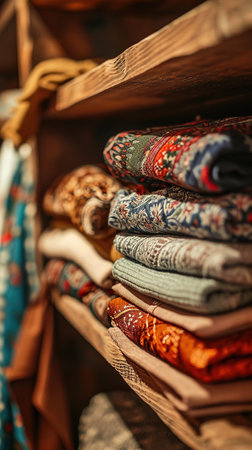 Neatly folded clothing in a variety of colors and patterns are stacked on wooden shelves, showcasing a cozy and organized closet spaceの素材