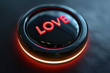 Vibrant control button with the word "LOVE" embossed in bold letters affixed to a weathered industrial panel, symbolizing the power and urgency of love. Valentines conceptsの素材