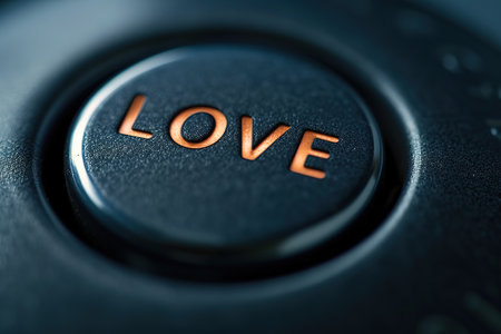 Vibrant control button with the word "LOVE" embossed in bold letters affixed to a weathered industrial panel, symbolizing the power and urgency of love. Valentines conceptsの素材