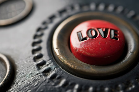 Vibrant control button with the word "LOVE" embossed in bold letters affixed to a weathered industrial panel, symbolizing the power and urgency of love. Valentines conceptsの素材