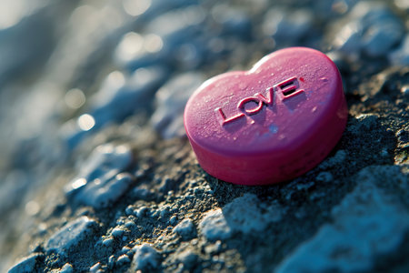 Vibrant control button with the word "LOVE" embossed in bold letters affixed to a weathered industrial panel, symbolizing the power and urgency of love. Valentines conceptsの素材