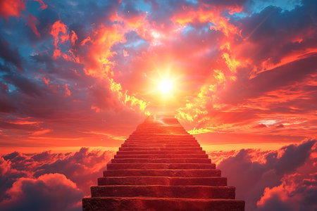 Ethereal image of staircase ascending towards a radiant sun, set against a dramatic red and orange sky, evoking the concept of a stairway to heavenの素材