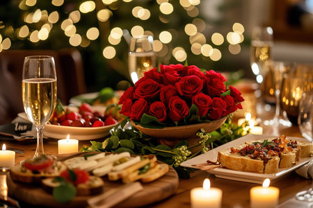 An intimate setting for a romantic dinner, featuring glowing candles, sparkling wine glasses, and a bouquet of red roses.の素材