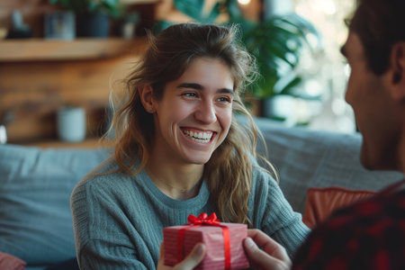 Man surprises woman with a Valentines Day gift They are at home smiling and happy The gift is wrapped making the moment special and loving Perfect for Valentines celebrationの素材