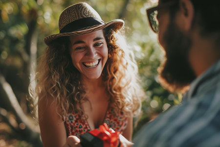 Man surprises woman with a Valentines Day gift They are at home smiling and happy The gift is wrapped making the moment special and loving Perfect for Valentines celebrationの素材