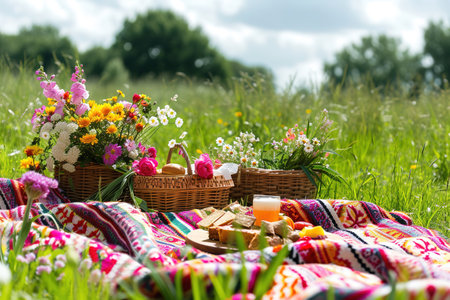 Romantic Valentines picnic setup with a colorful blanket, baskets of food, and a bouquet of flowers in a blooming meadow, perfect for couples.の素材
