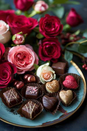 Elegant arrangement of assorted fine chocolates and delicate roses in shades of pink and red, set against a rustic backdrop, ideal for a romantic gift.の素材