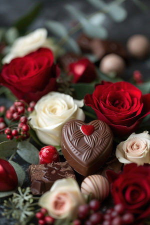 Elegant arrangement of assorted fine chocolates and delicate roses in shades of pink and red, set against a rustic backdrop, ideal for a romantic gift.の素材