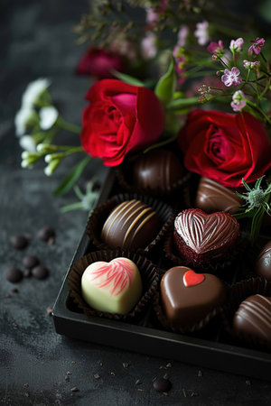 Elegant arrangement of assorted fine chocolates and delicate roses in shades of pink and red, set against a rustic backdrop, ideal for a romantic gift.の素材