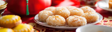 Close-up of tasty Chinese New Year treats, sweet rice cakes and almond cookies beautifully arranged on a festive table.の素材