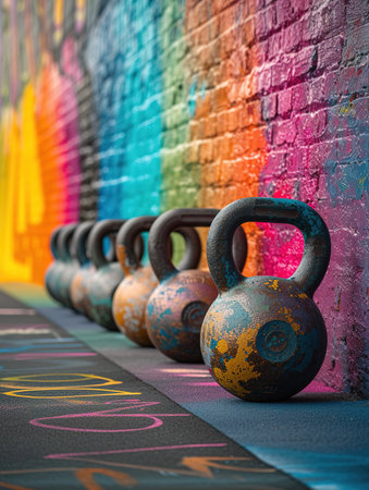 A kettlebell lined up against a vibrant, graffiti-covered gym wall, symbolizing strength and the raw, urban edge of fitness culture.の素材
