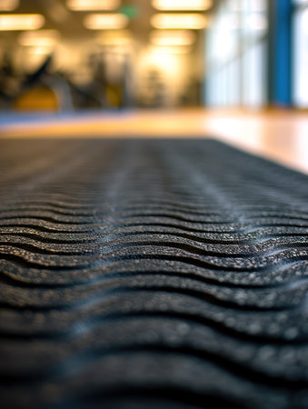 A macro shot of a gym's textured floor, highlighting the grip and design, with the blurred background suggesting the wide range of activities happening above.の素材