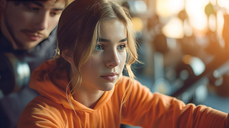 A personal trainer offering encouragement to a client lifting weights, capturing the moment of support and determination, with gym equipment in soft focus behind.の素材