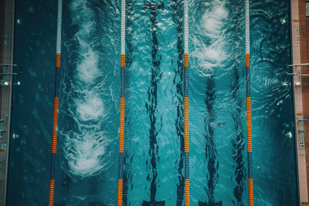 An overhead shot of a swimming pool within a gym, lanes ready for laps, emphasizing the tranquility of water-based workouts.の素材
