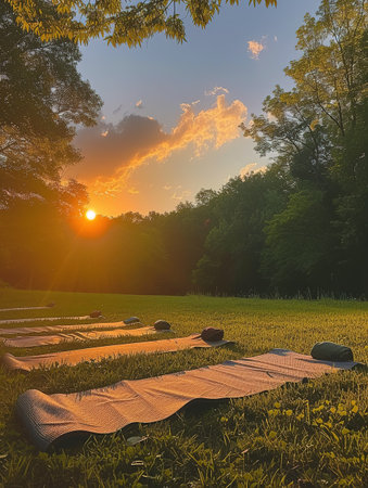 A serene outdoor yoga session at sunset, with participants on mats spread across the grass, the warm glow of the sun accentuating the peaceful ambiance and connection to nature.の素材