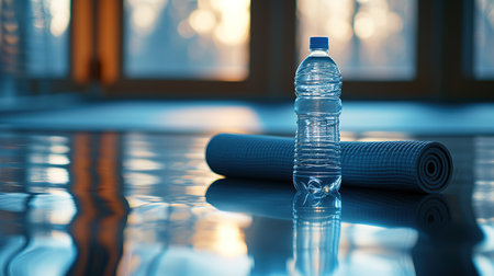 A reflective gym floor with a single yoga mat and a water bottle, capturing the tranquility and focus required for a mindful yoga practice.の素材
