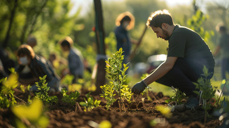A serene park setting with community members of all ages planting trees together, symbolizing growth and care for the environmentの素材