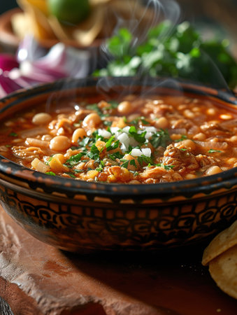 An intimate view of a bowl of pozole, emphasizing the steam, vivid garnishes, and deep hues of the soup, on a traditional terracotta settingの素材